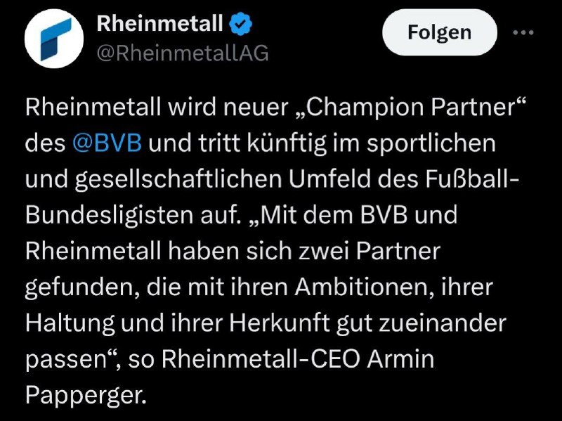 Rheinmetall wird Sponsor von Borussia DortmundDer Rüstungskonzern Rheinmetall ha...