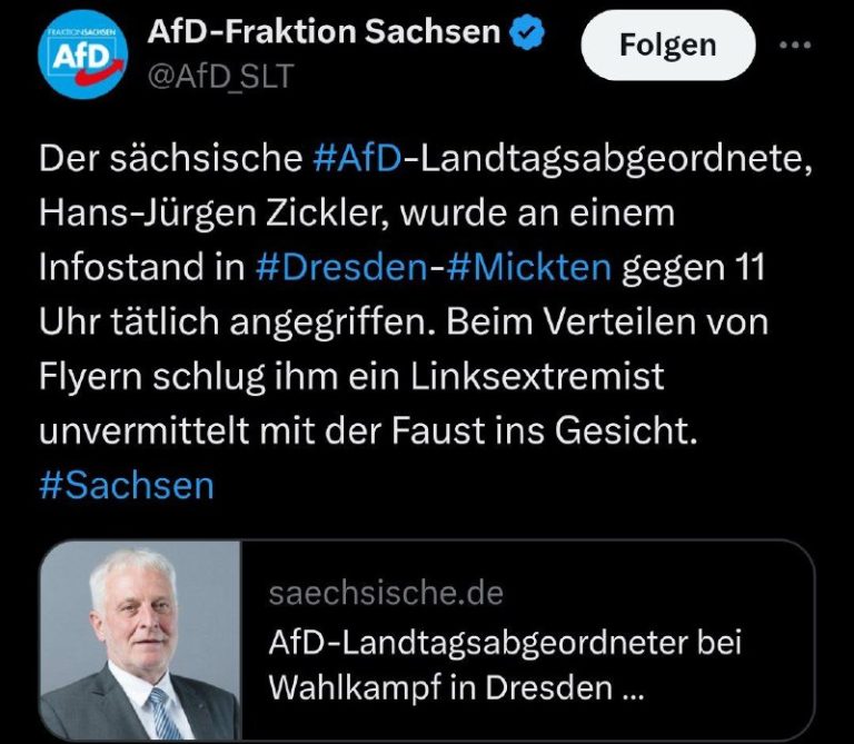 AfD-Politiker in Dresden mit Faustschlag ins Gesicht attackiert In Dresden wurde...