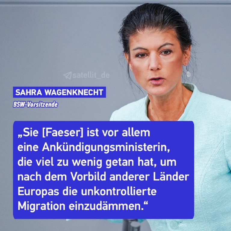Kriminalität: Wagenknecht erklärt Kurs von Faeser für gescheitertSahra Wagenknec...