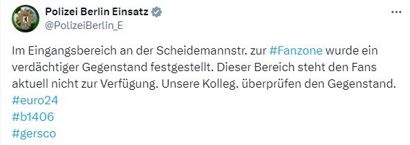 Verdächtiger Gegenstand: Polizei räumt Fanzone in BerlinDie Berliner Polizei hat...