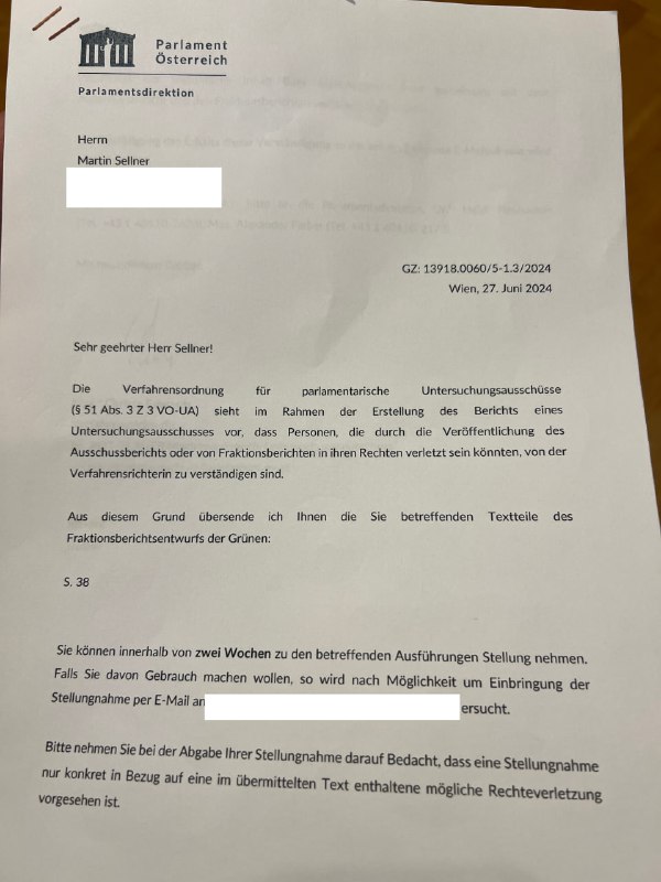 Ich antworte dem Parlament Letzte Woche erhielt ich ein Schreiben des Parlaments...