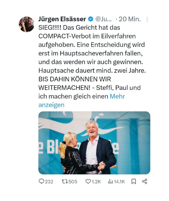  EILMELDUNG: COMPACT-Verbot gekipptJürgen Elsässer, der Gründer vom COMPACT-Maga...