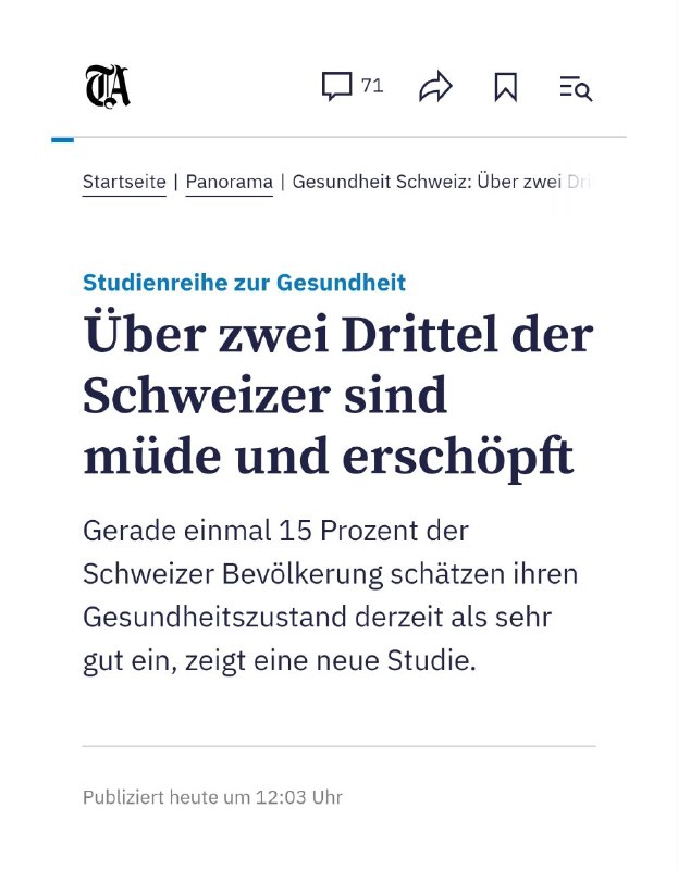  Über zwei Drittel der Schweizer sind müde und erschöpftGerade einmal 15 Prozent...