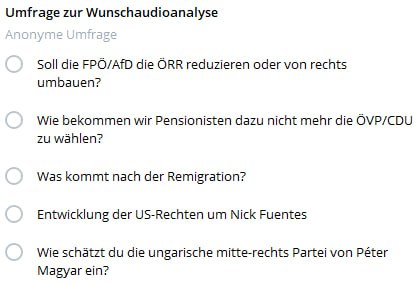 Eine Umfrage für eine Audioanalyse für Unterstützer. Alle Themenvorschläge stamm...