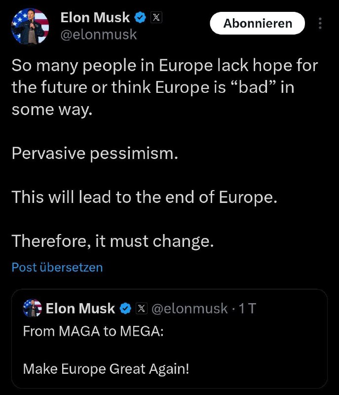 Musk teilt Weidels Slogan „Make Europe Great Again“ Der Tech-Milliardär Elon #Mu…