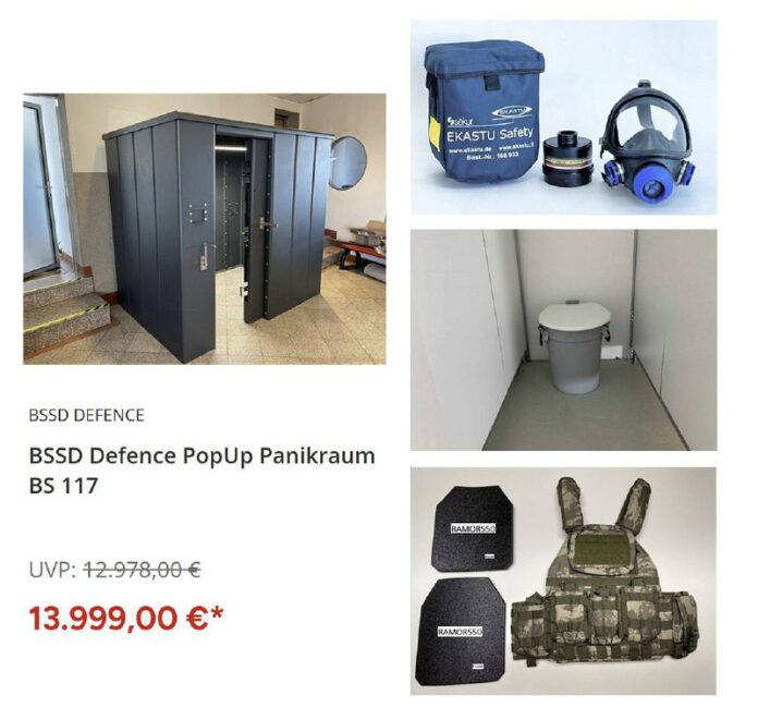 Kugelsichere Westen, Gasmasken, mobile Bunker…— all das kann man hierzulande onl...