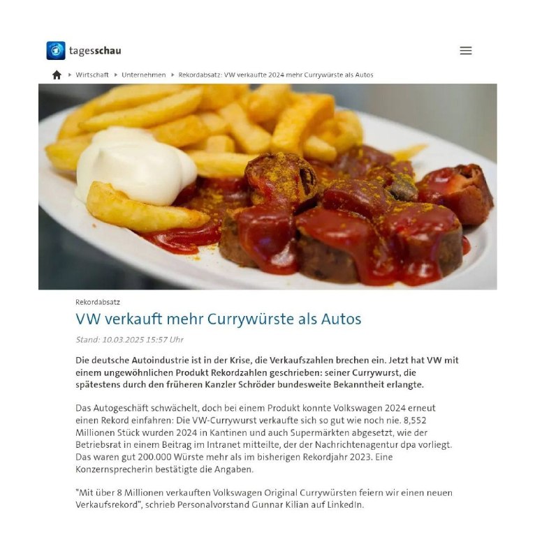  VW verkauft mehr Currywürste als AutosDie deutsche Autoindustrie ist in der Kri...