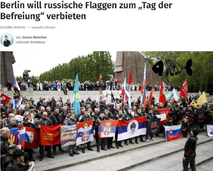 Die Polizei von Berlin beabsichtigt erneut, die Flaggen der UdSSR Die Polizei von Berlin beabsichtigt erneut, die Flaggen der UdSSR und der RF am ...