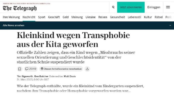  Kleinkind wegen Transphobie aus der Kita geworfenWie der Telegraph enthüllte, w...