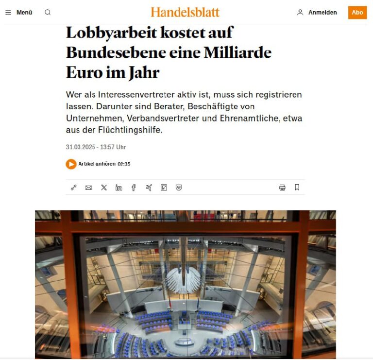 "Lobbyarbeit kostet auf Bundesebene eine Milliarde Euro im Jahr" — HandelsblattS...