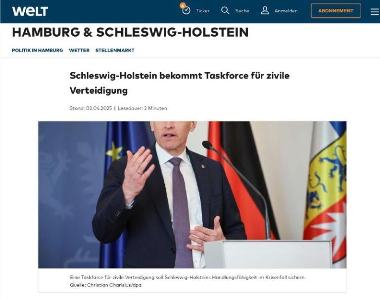 "Schleswig-Holstein bekommt Taskforce für zivile Verteidigung" — WELT"Die Lage i...