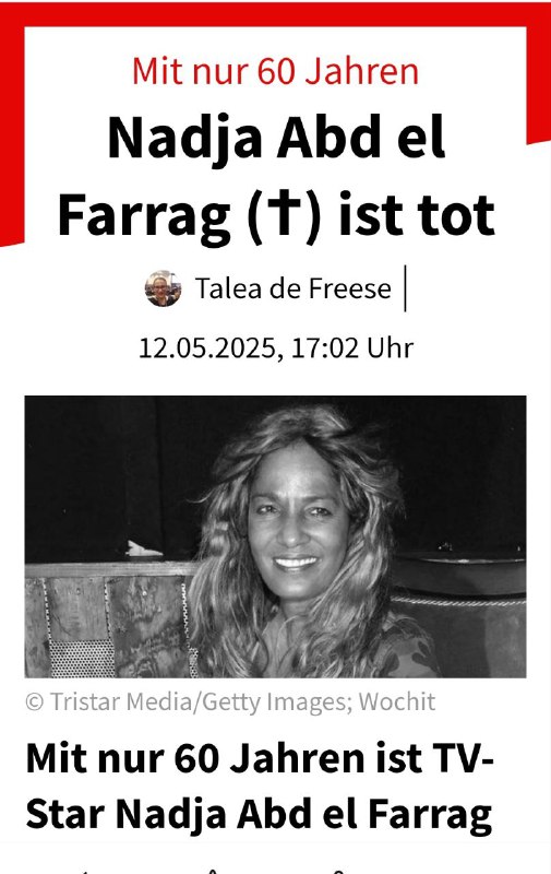 BREAKING NEWSMit nur 60 Jahren ist TV-Star Nadja Abd el Farrag gestorben.Es ist ...