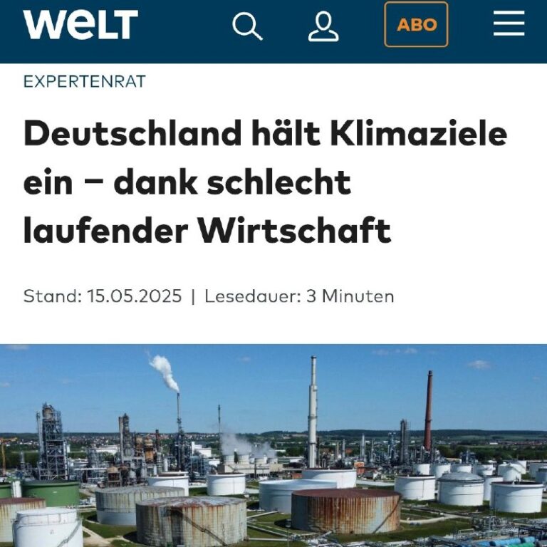  Deutschland erfüllt seine Klimaziele – dank wirtschaftlichem Niedergang Weniger...