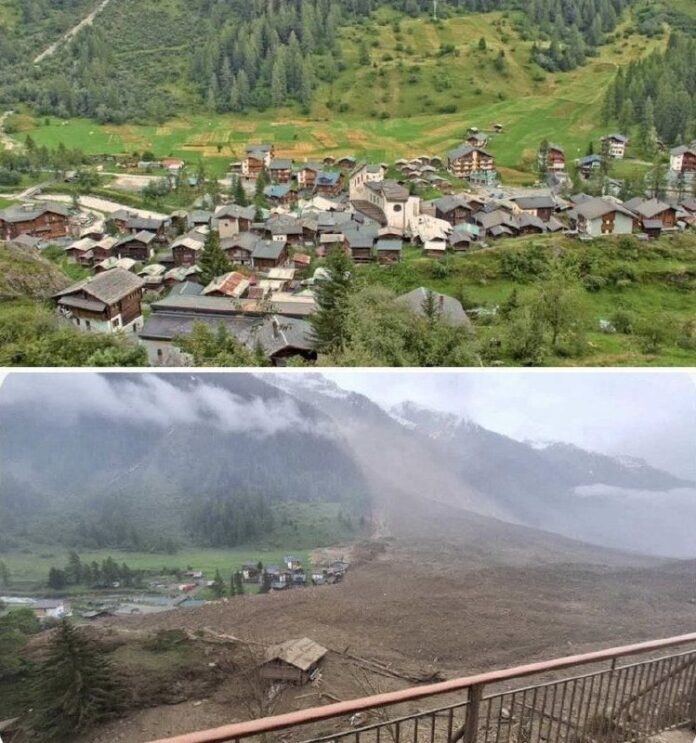  In Blatten im Wallis, Schweiz, hat ein Gletscherabbruch ein gesamtes Dorf begra...