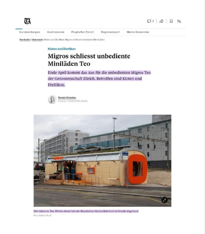    Migros schliesst unbediente Miniläden TeoAn sieben Tagen während 24 Stunden P...