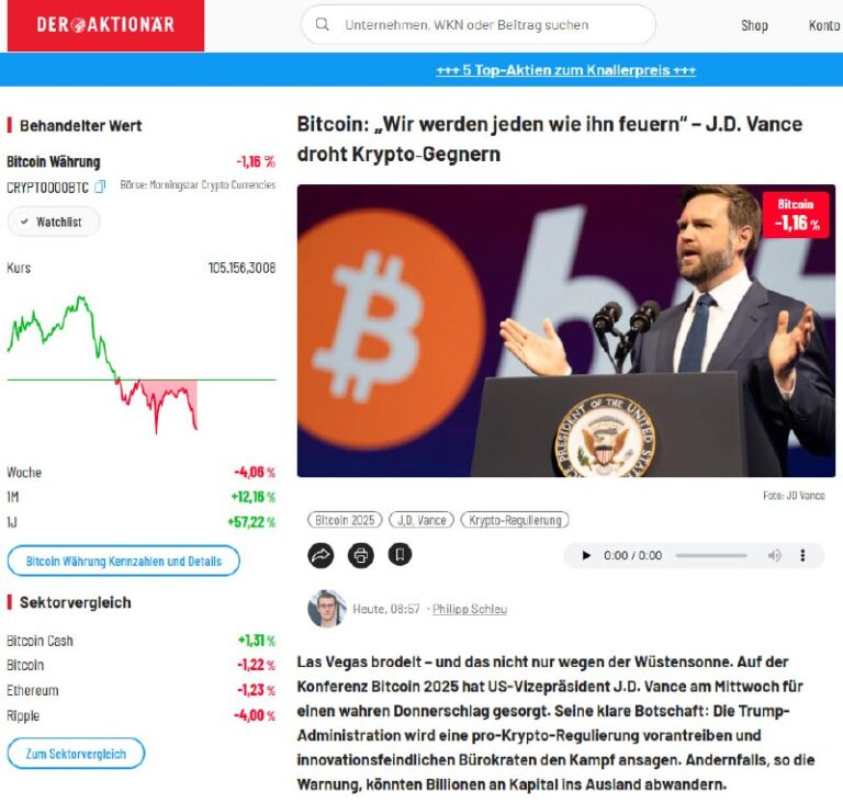 Vance, der selbst bekennender Bitcoin-Investor ist, drängte auf ein Marktstruktu...
