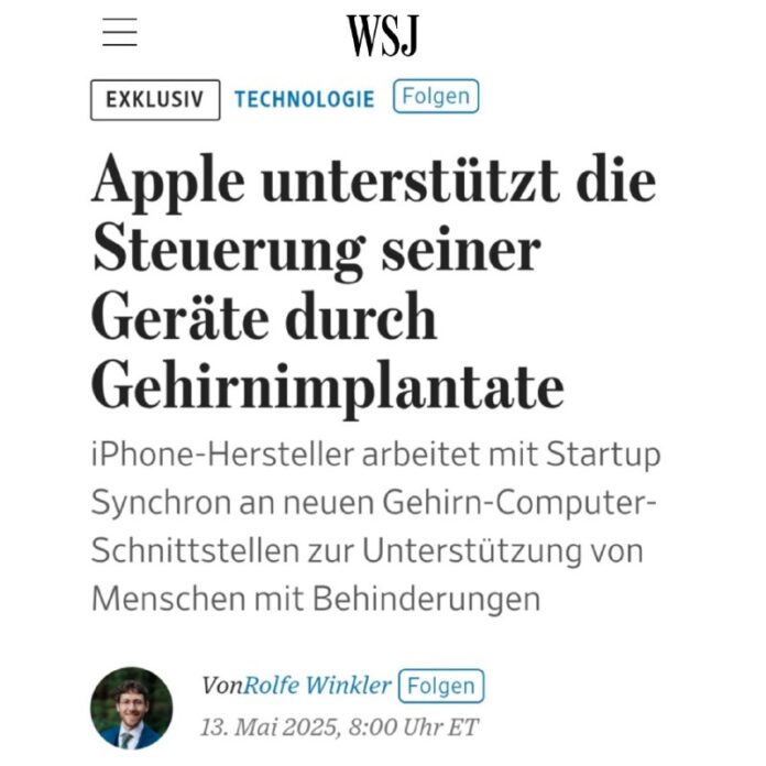  Wall Street Journal: Apple unterstützt die Steuerung seiner Geräte durch Gehirn...