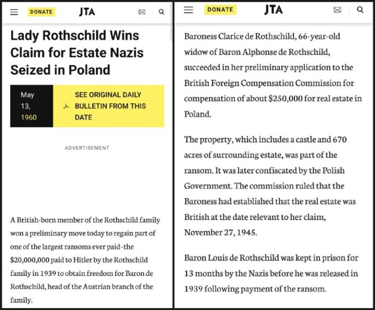  Jewish Telegraphic Agency (1960). Lady Rothschild gewinnt Anspruch auf das von ...